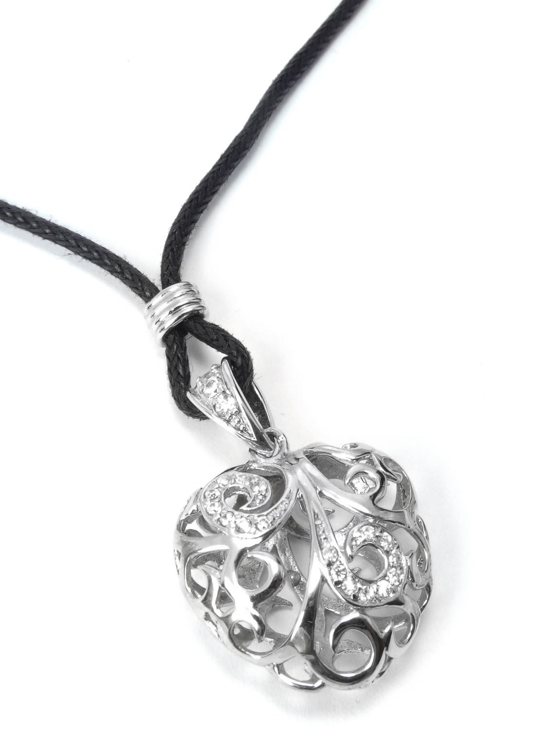 Anhänger in Durchbrochener Herzform 925/ Silber mit Zirkonia an Schwarzem Band 60 cm