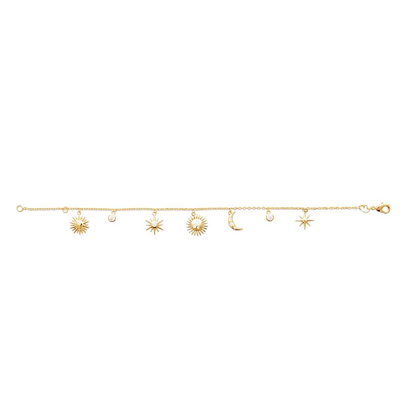 Sonne Mond Sterne Bettelarmband mit einer 3 Micron starken 750er Vergoldung