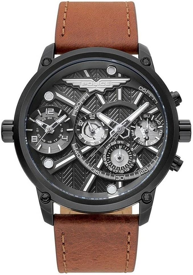 Police Herren-Uhr Schwarzes Gehäuse Analog Quarz Lederarmband Braun