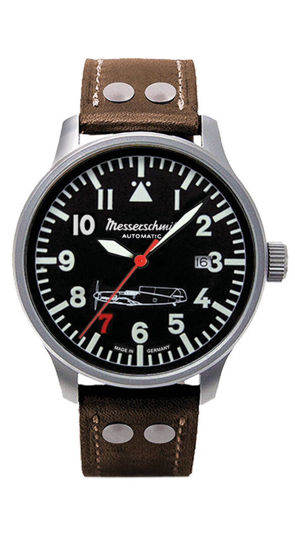 Messerschmitt Fliegeruhr "Rote 7" Edelstahl satin Lederband 5atm SW200 Automatic