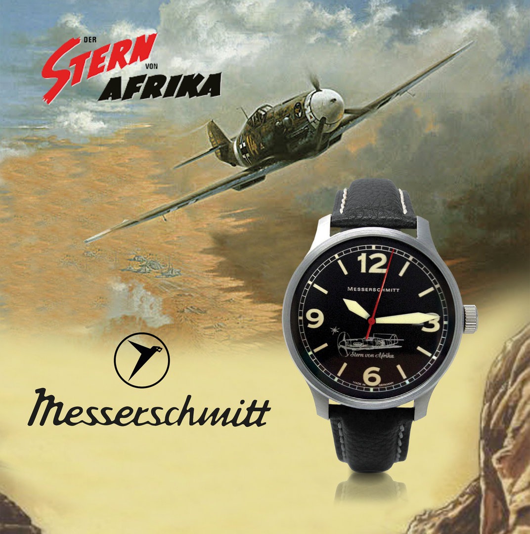 Messerschmitt ME Stern von Afrika Edelstahl satin Lederband 5atm Ronda 515 Quarz