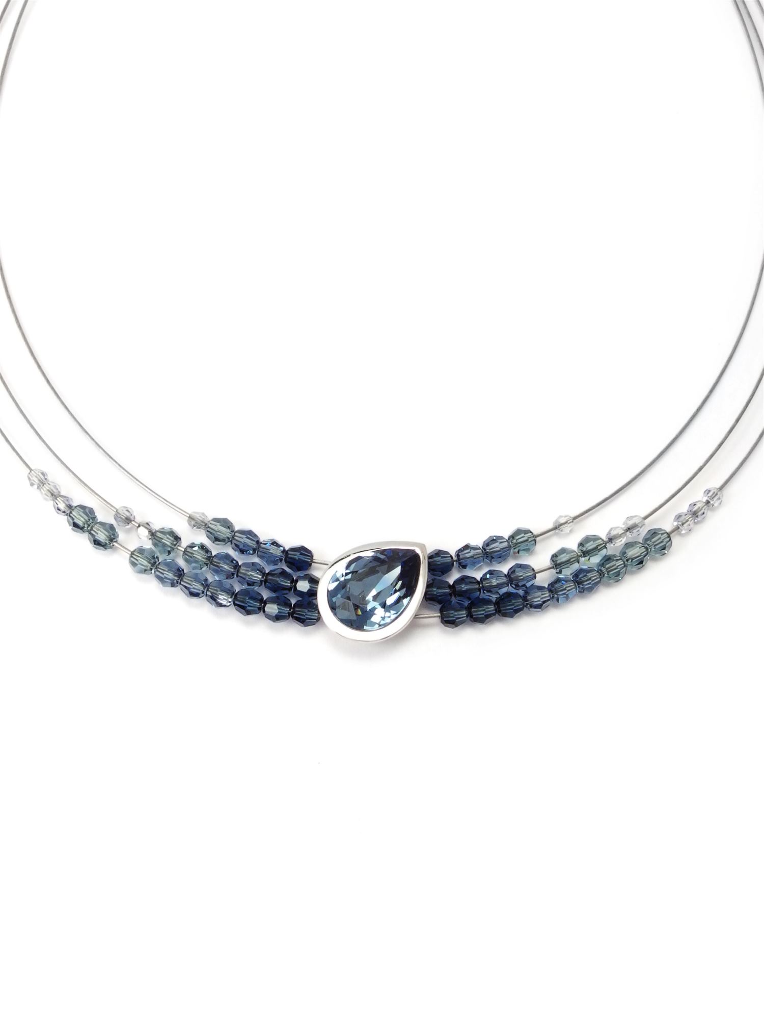 Yvette Ries 3-Reihiges Collier mit Blauen Swarovski Steinen 925/