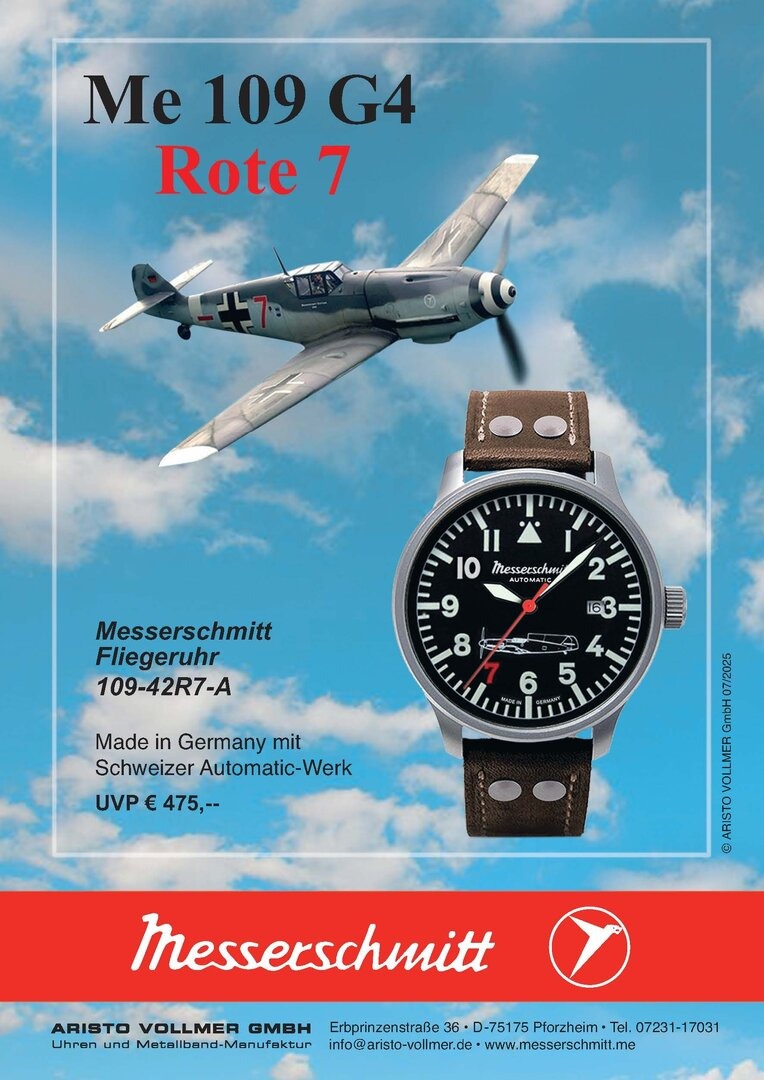 Messerschmitt Fliegeruhr "Rote 7" Edelstahl satin Lederband 5atm SW200 Automatic
