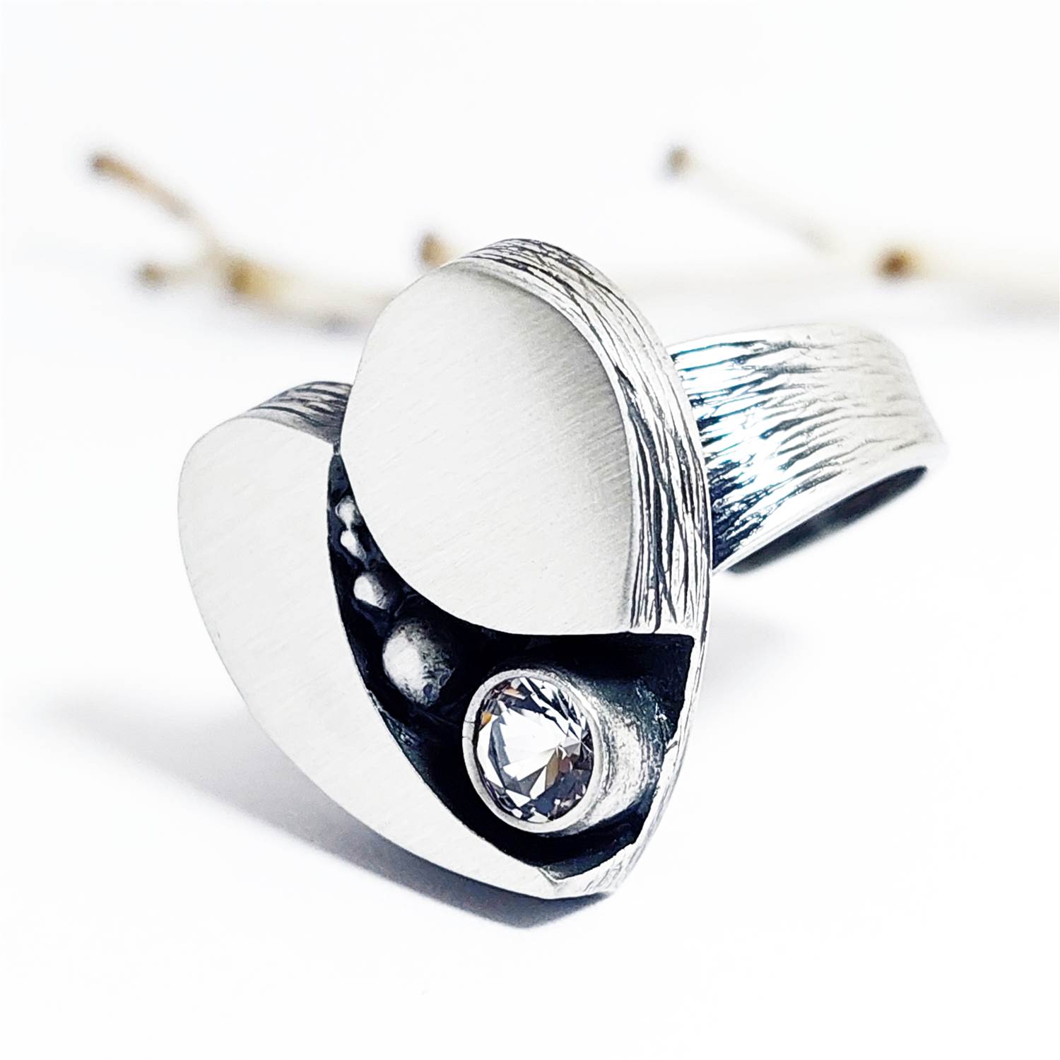 Nordform Ring Herzform (Sonnensystem) Silber Bergkristall