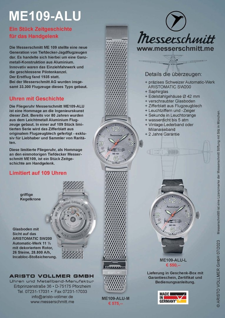 Messerschmitt ME 109 limitierte Fliegeruhr Edelstahl Milanaiseband 5atm ARISTOMATIC SW 200