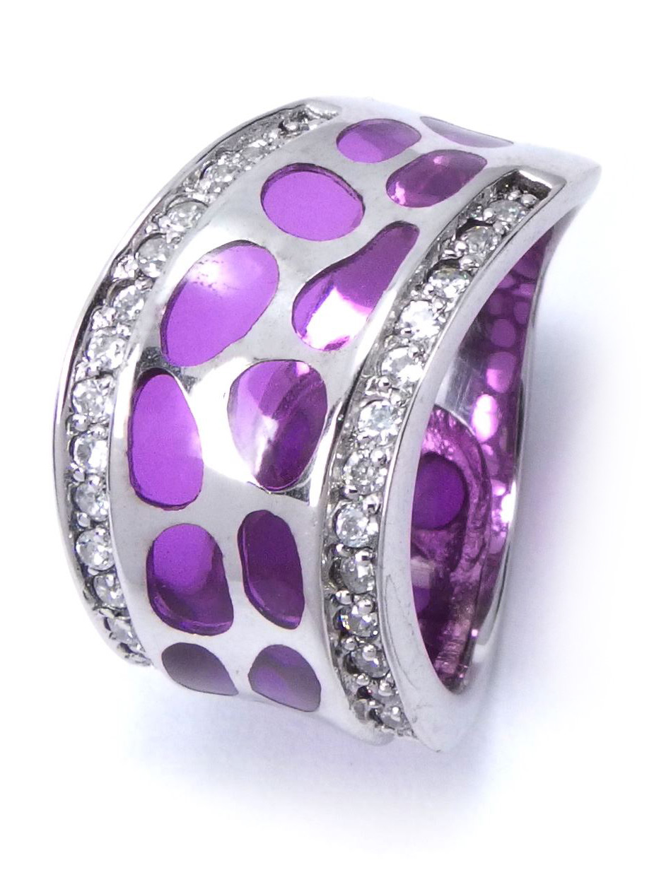 Damenring - 925/ Silber mit Zirkonia Durchbrochen mit Lil-Farbigen Glas Größe: 56