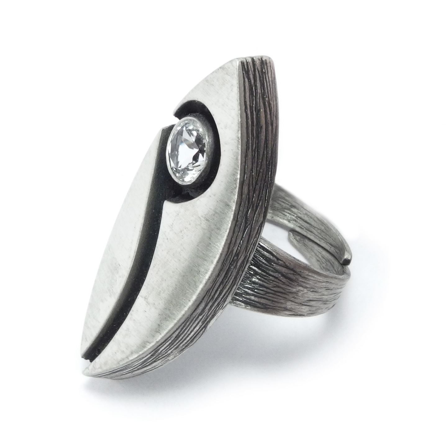 Nordform Damenring - Mandelförmig in Silber mit Bergkristall Größenverstellbar