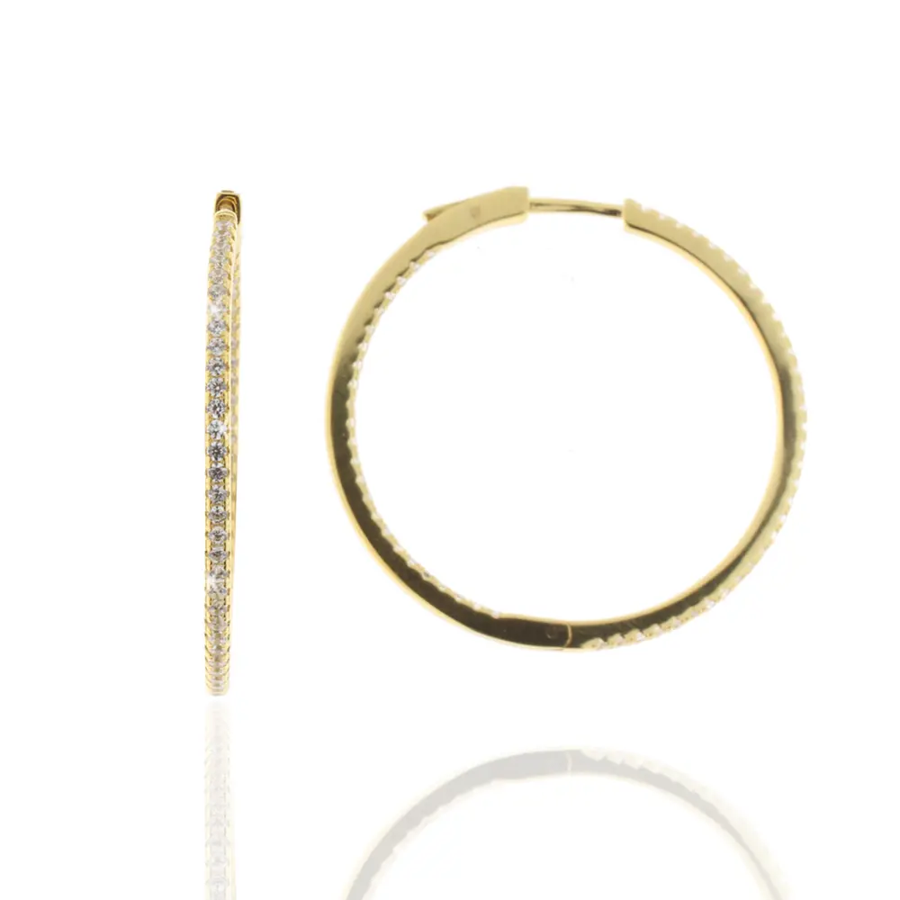Scharniercreolen 925/- Silber 14k Vergoldet poliert mit Zirkonia 40 mm 