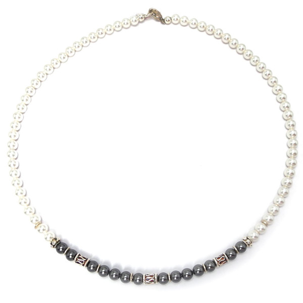 Damen-Collier 925/ Silber mit Schwarzen & Weißen Perlen und Swarovski Elementen