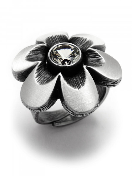 Nord-Form Damenring in Blütenform mit Bergkristall 925/ Silber Größenverstellbar 55 - 60